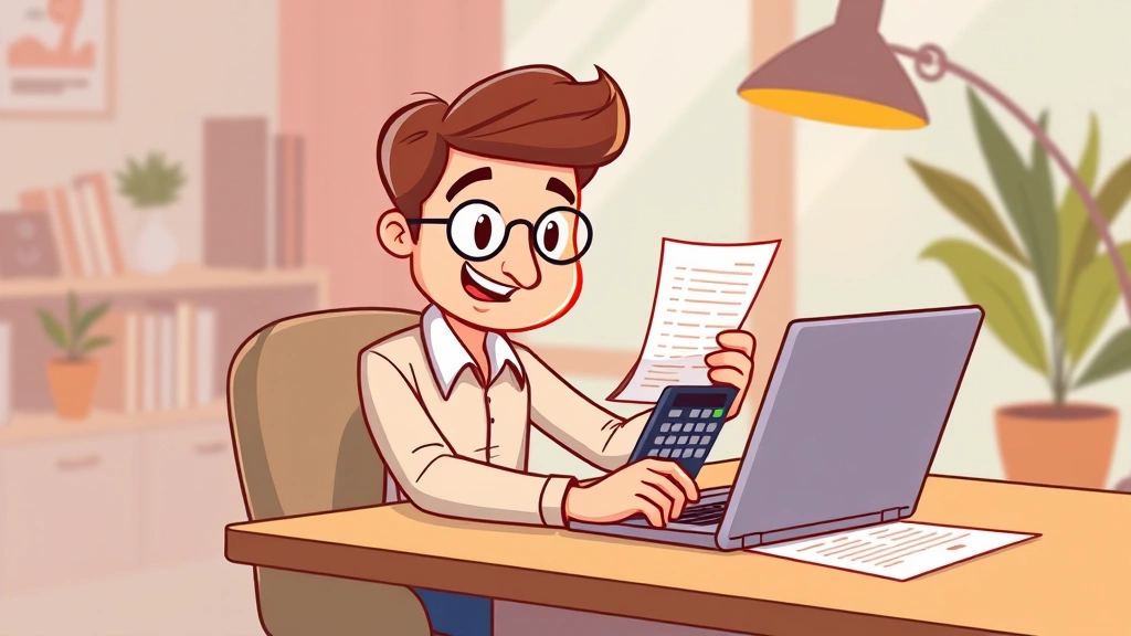 Cartoon freelancer working at laptop with calculator and invoice papers, warm colors, professional atmosphere, no text