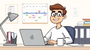 Cartoon freelancer sitting at desk with laptop, coffee mug, calendar on wall showing diverse project timeline, smiling confidently, organized workspace with filing system