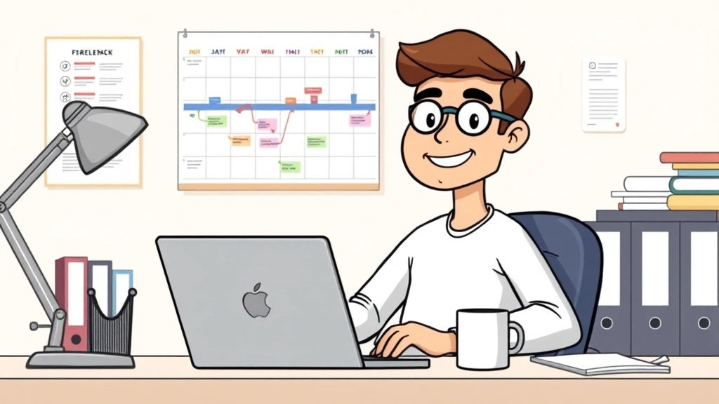 Cartoon freelancer sitting at desk with laptop, coffee mug, calendar on wall showing diverse project timeline, smiling confidently, organized workspace with filing system