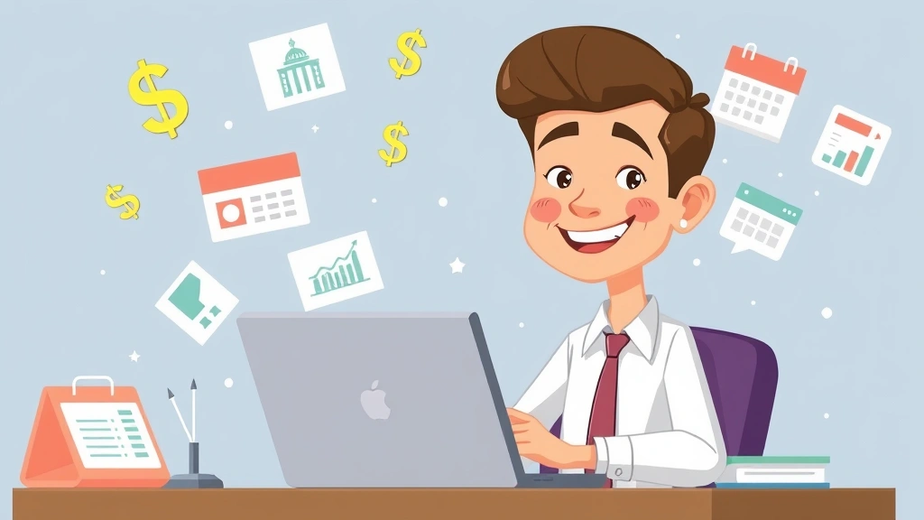 Cartoon professional sitting at desk with laptop surrounded by floating dollar signs, charts, and calendar icons, smiling confidently while managing multiple projects simultaneously