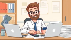 Cartoon professional contractor sitting at desk with laptop, calculator, and tax documents, smiling confidently while managing finances and business records
