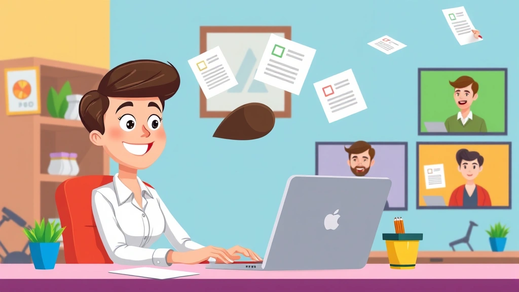 Cartoon professional sitting at desk with laptop, multiple project files floating around, diverse clients on video calls in background, bright colors, happy expression