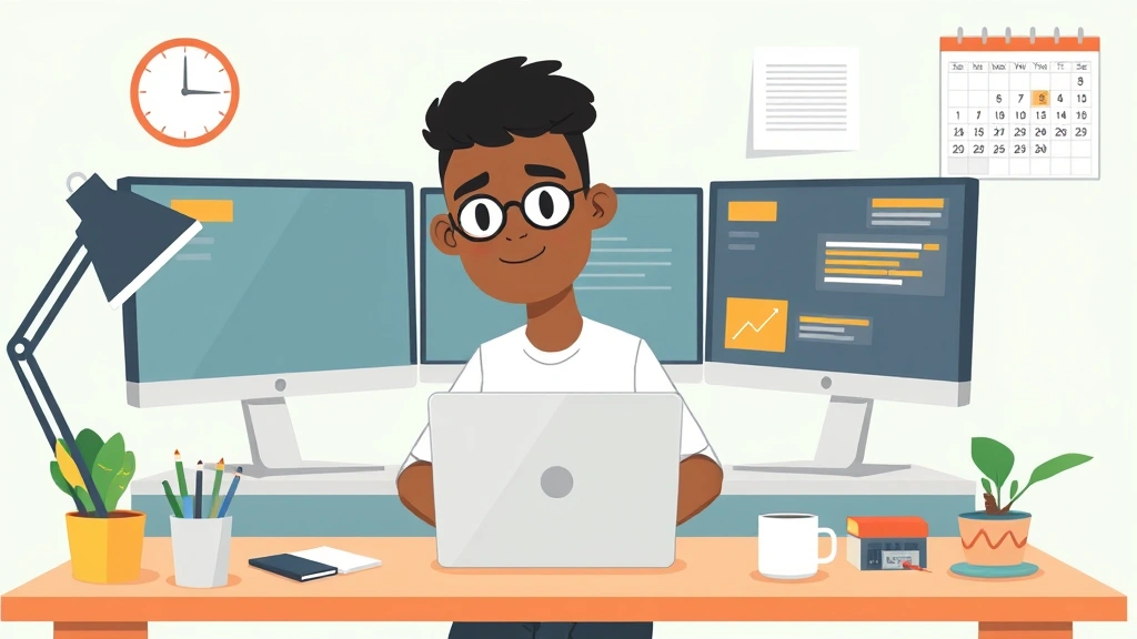 A diverse freelancer working at a modern desk with multiple monitors, laptop, and coffee cup, surrounded by productivity tools and a calendar showing scheduled projects, cartoon style illustration