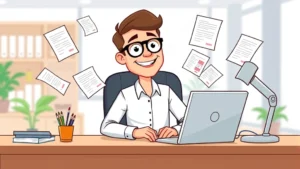 Cartoon freelancer sitting at desk with laptop, multiple floating contract documents and dollar signs around them, smiling confidently, bright professional office background
