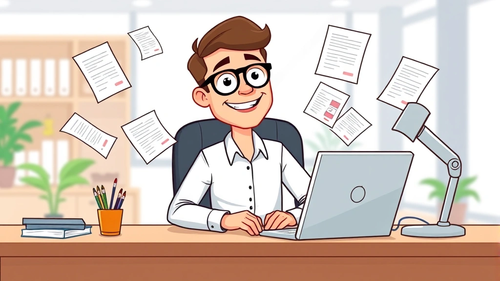 Cartoon freelancer sitting at desk with laptop, multiple floating contract documents and dollar signs around them, smiling confidently, bright professional office background
