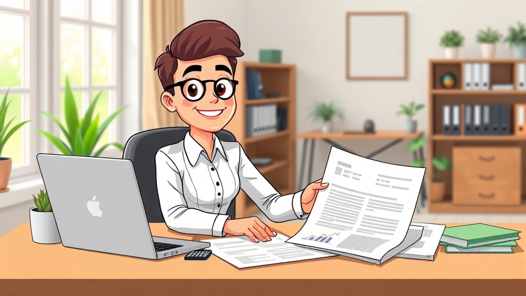 Cartoon professional sitting at desk with laptop, calculator, and financial documents spread out, smiling confidently while reviewing contract paperwork in bright home office