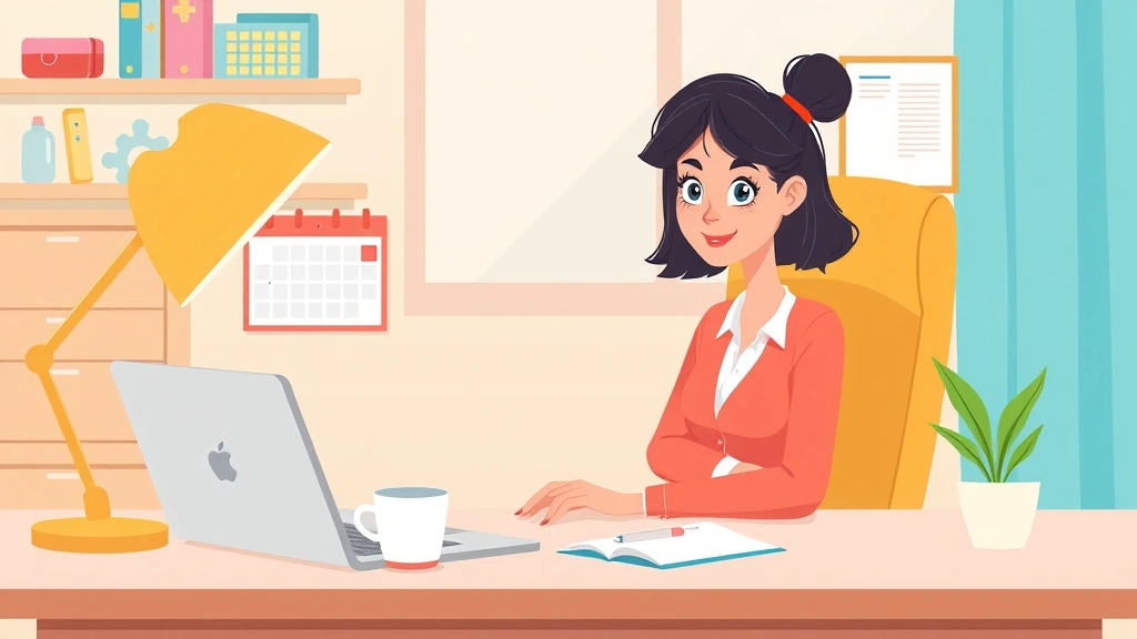 Cartoon professional sitting at home desk with laptop, coffee cup, and calendar showing flexible schedule, bright colors, friendly style