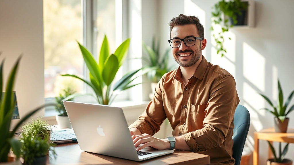 Professional contractor working confidently at laptop in home office with plants, sunlight streaming through window, smiling expression showing independence and flexibility in 1099 work
