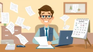 Cartoon professional sitting at desk surrounded by floating financial documents, calculator, and calendar showing quarterly tax dates, friendly smile, warm office setting