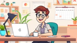 Cartoon professional freelancer sitting at desk with laptop, coffee cup, and calendar showing flexible work schedule, happy expression, colorful home office background