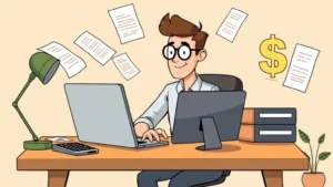 Cartoon illustration of a freelancer working at a desk with a laptop, surrounded by floating documents, calculator, and dollar signs, showing independence and control