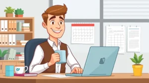 Cartoon professional contractor working at desk with laptop, calendar, and contract documents, smiling confidently with coffee mug