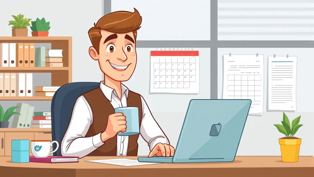Cartoon professional contractor working at desk with laptop, calendar, and contract documents, smiling confidently with coffee mug