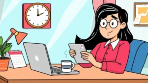Cartoon illustration of a professional working remotely at home with laptop, coffee cup, and calendar showing flexible schedule management, bright and motivational style
