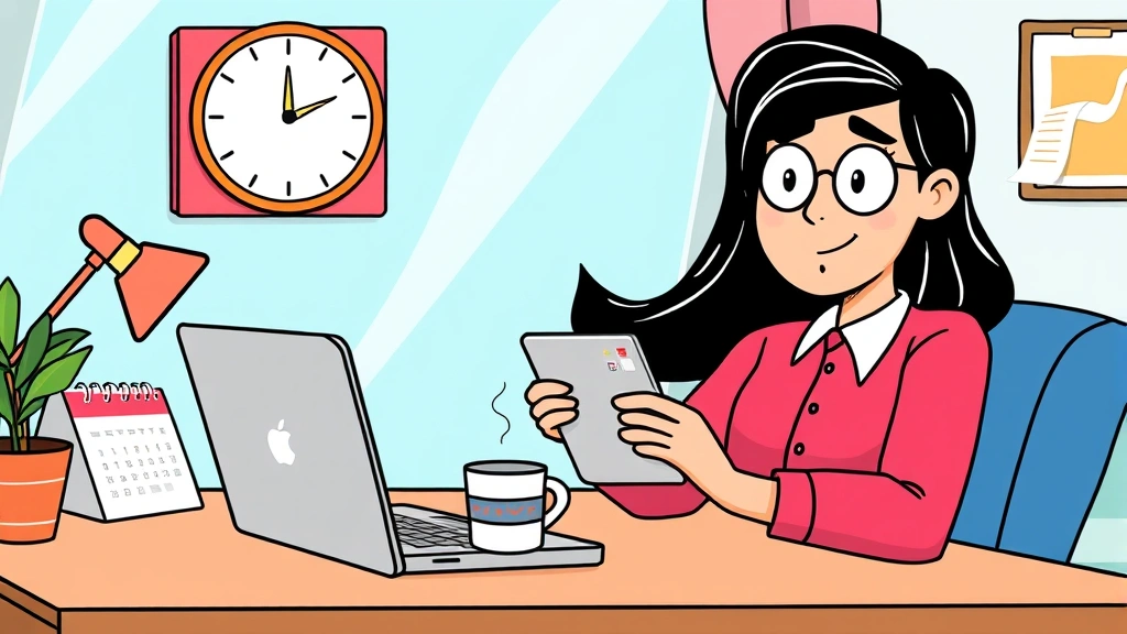 Cartoon illustration of a professional working remotely at home with laptop, coffee cup, and calendar showing flexible schedule management, bright and motivational style