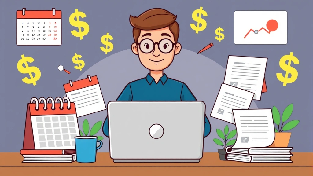 Cartoon freelancer at laptop surrounded by dollar signs, calendar, and contract documents showing independent work setup and business organization