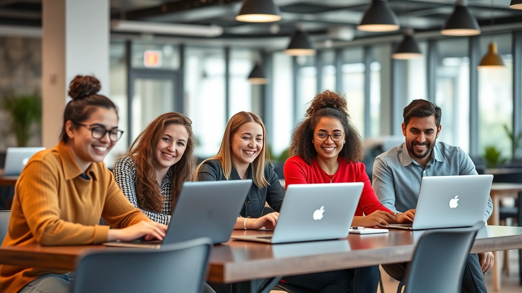 A diverse group of professionals working independently from laptops at a modern coworking space, smiling and focused, representing freelancers and contractors collaborating in a flexible work environment
