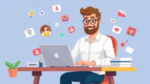Cartoon professional freelancer sitting at desk with laptop surrounded by floating icons representing different work projects and clients, colorful and energetic style