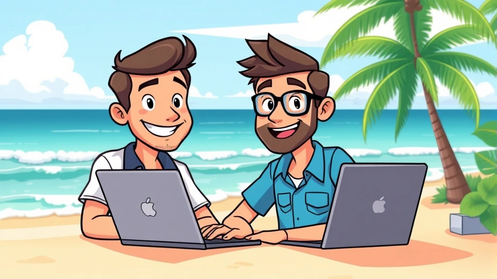 Cartoon professional contractor working at laptop on beach, smiling, relaxed atmosphere with ocean and palm trees in background, vibrant colors, freelance lifestyle concept