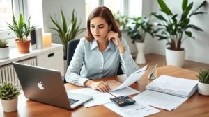 Professional woman sitting at desk with laptop, multiple contract documents and calculator visible, modern home office setup with plants, thoughtful expression considering options