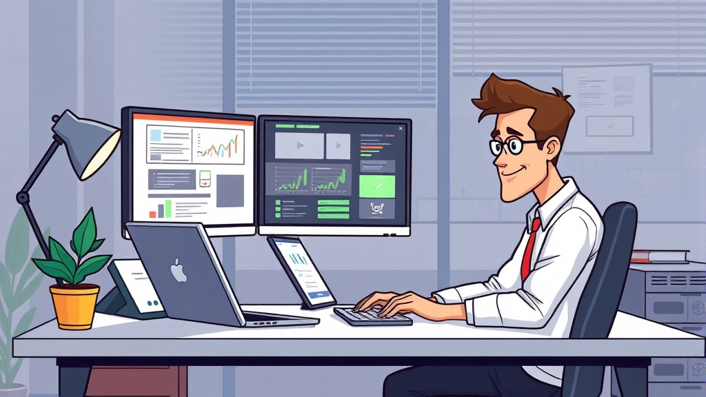 Professional freelance contractor working productively at modern desk with laptop and multiple monitors showing different projects, energetic and focused, cartoon style illustration, professional workspace