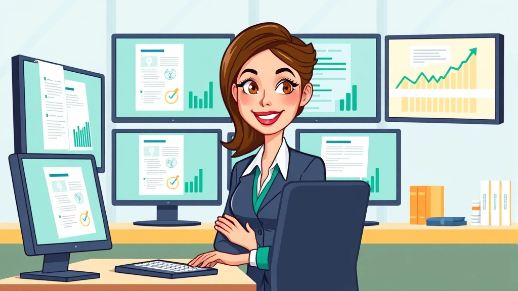 Cartoon professional woman at desk with multiple computer screens showing contract documents and income streams, confident expression, modern office setup, bright colors