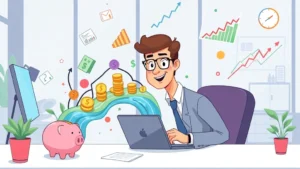 Cartoon professional freelancer sitting at desk with laptop, multiple income streams flowing like rivers into piggy bank, colorful charts and graphs floating around, bright modern office setting