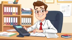Cartoon professional sitting at desk with calculator and tax documents, confident expression, organized workspace with filing system visible