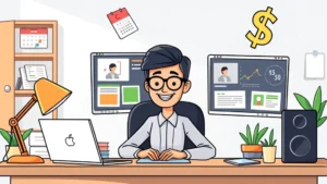Cartoon professional freelancer at desk with laptop, multiple client windows, calendar, and dollar signs floating around, bright and organized workspace