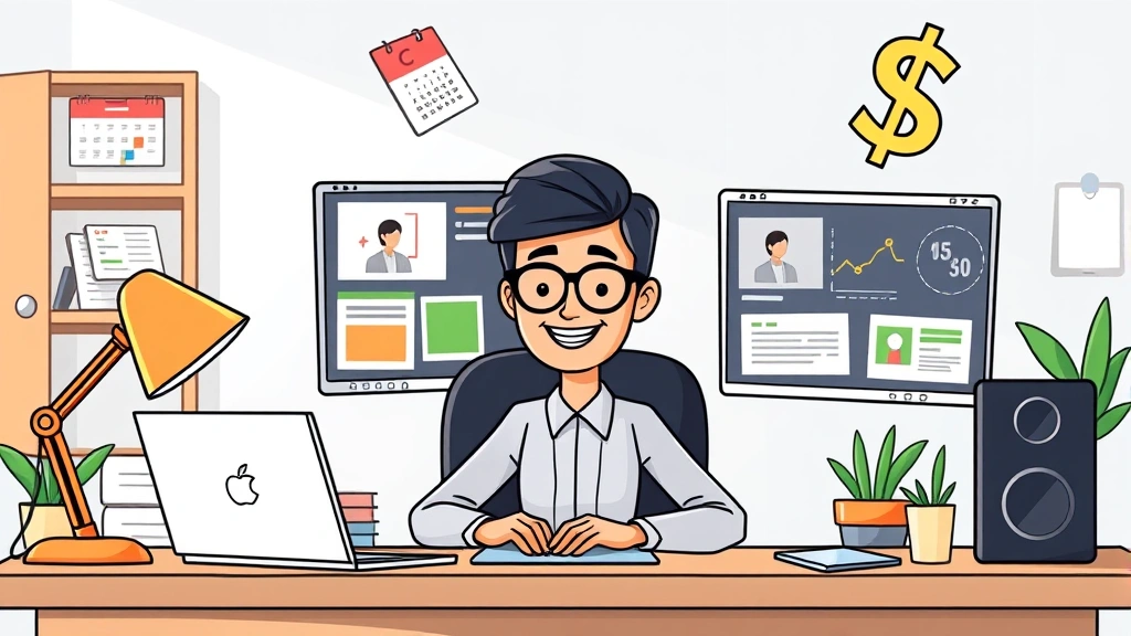 Cartoon professional freelancer at desk with laptop, multiple client windows, calendar, and dollar signs floating around, bright and organized workspace