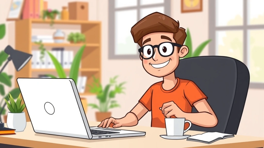 Cartoon freelancer sitting at desk with laptop, coffee cup, multiple project folders visible, happy confident expression, home office setting with plants and natural lighting