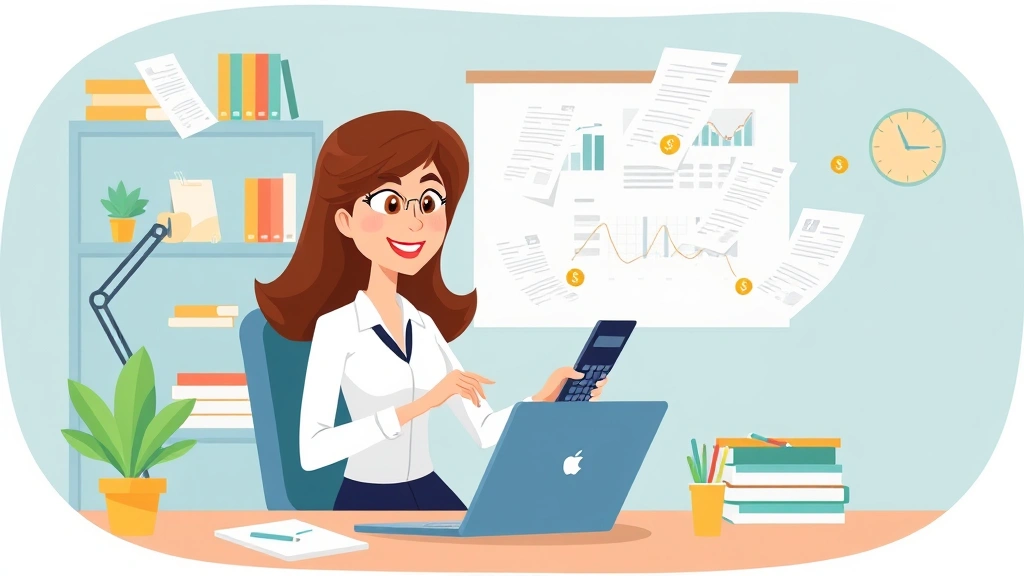 Cartoon professional woman sitting at desk with laptop and calculator, surrounded by floating invoices and dollar signs, colorful organized workspace