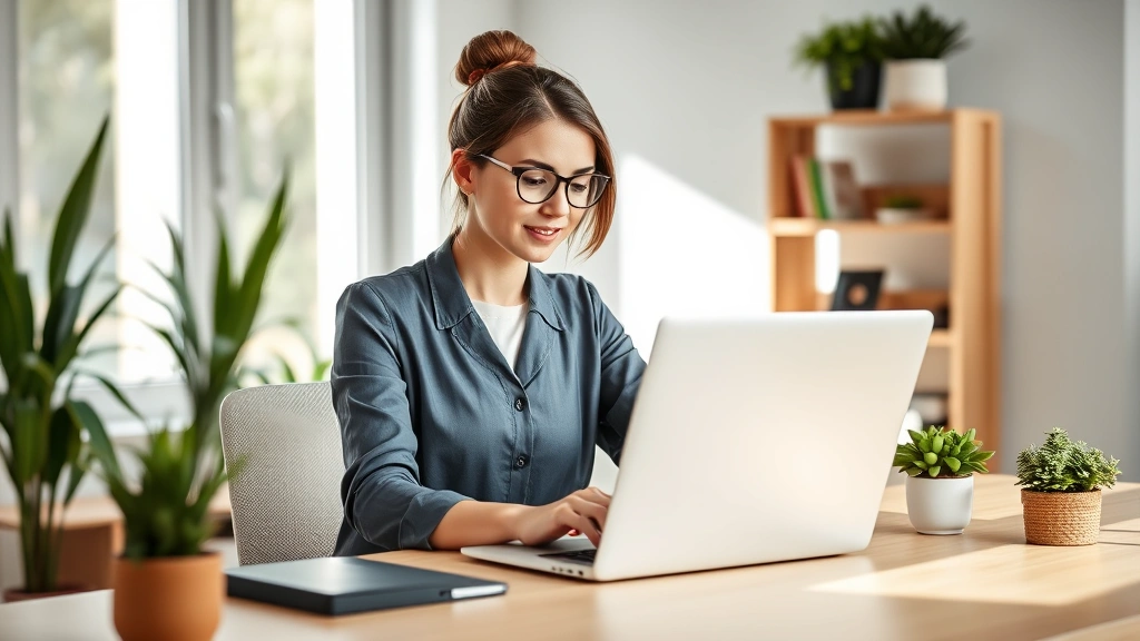 Professional woman working at laptop in modern home office with natural lighting, plants, and professional desk setup, focused and productive