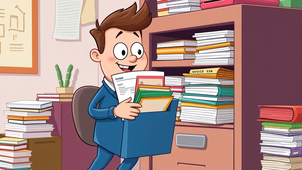 Cartoon character organizing colorful expense receipts and invoices into filing system, stacks of organized papers, filing cabinet, organized and productive vibe