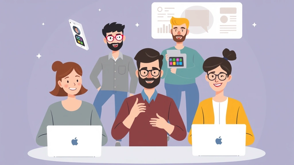 Cartoon diverse group of freelancers collaborating virtually across different devices - tablet, laptop, phone - representing various creative and technical professionals connected globally