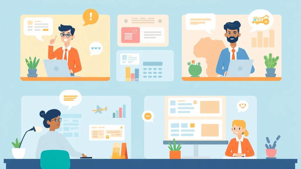 Cartoon graphic showing diverse contractors collaborating virtually on different projects, video conference screens, friendly communication bubbles, colorful workspace elements.