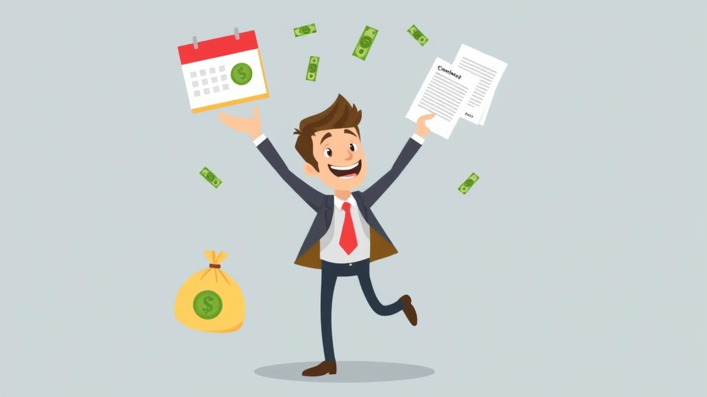 Animated character juggling money bags, calendar, and contract documents, symbolizing financial management and business planning for 1099 contractors