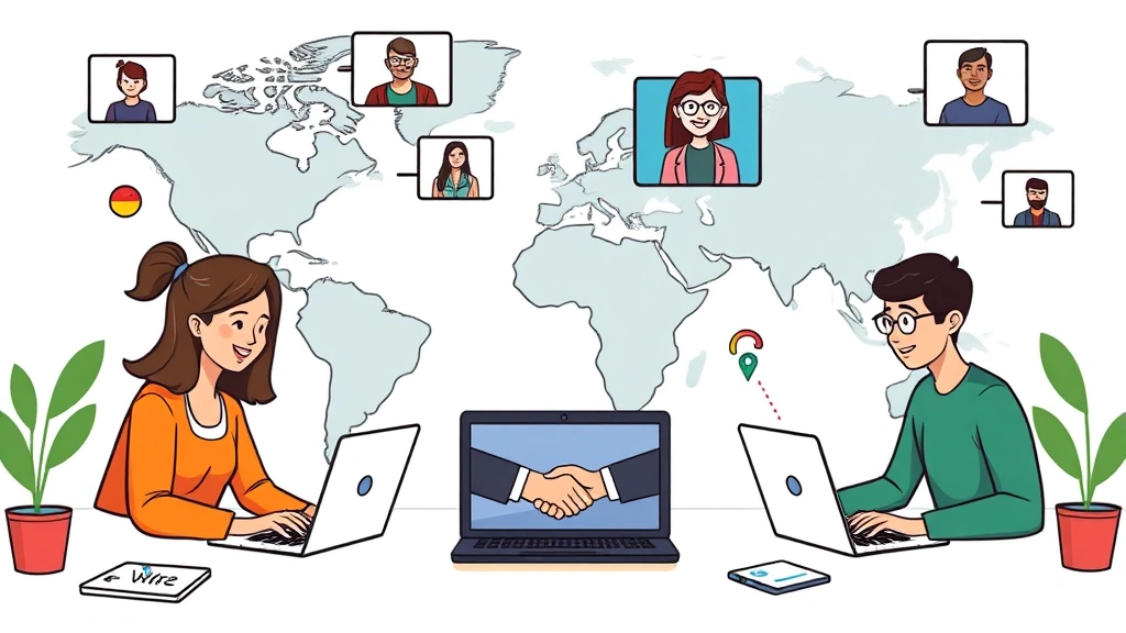 Cartoon-style image showing a diverse freelancer team collaborating remotely with laptops, video call screens, and handshake symbols connecting different professionals across geographic locations