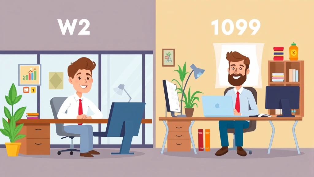 Split-screen showing W-2 employee at corporate office vs 1099 contractor working from home office, both happy but in different environments, colorful cartoon style highlighting work flexibility