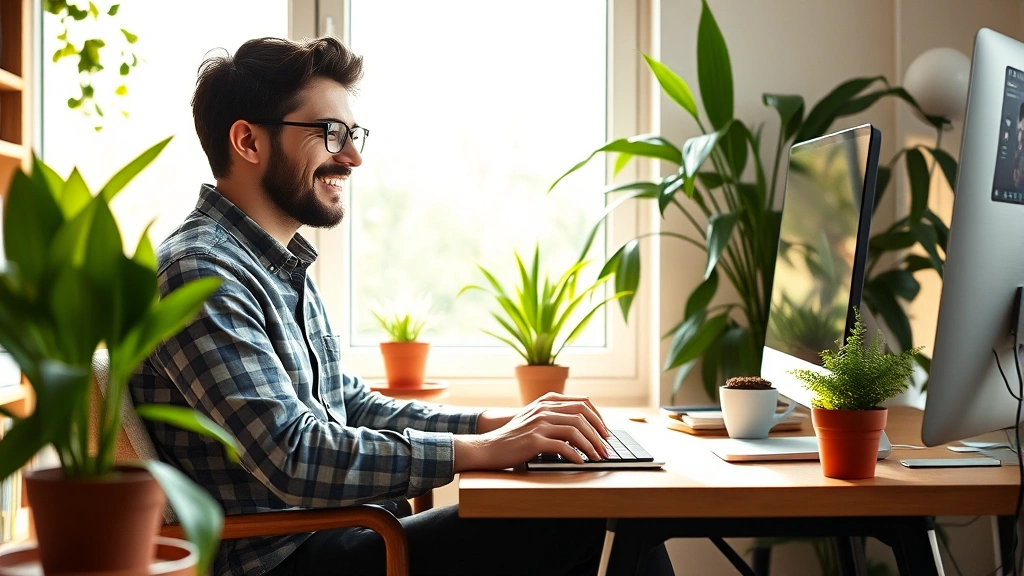 Cheerful freelancer working from cozy home office with plants, coffee cup, and computer, sunlight streaming through window, showing flexibility and independence of 1099 work