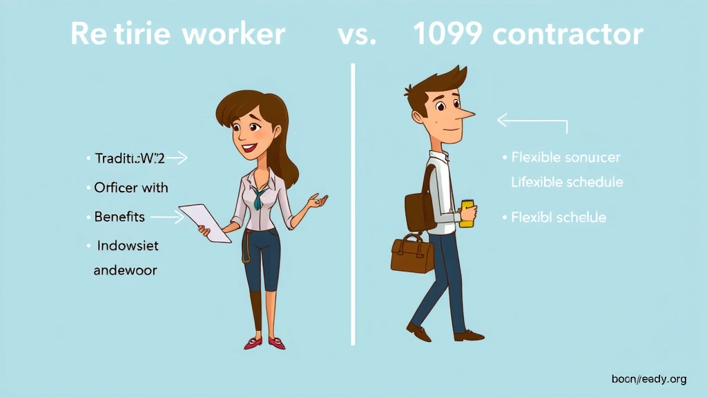 Cartoon graphic depicting a woman comparing two employment paths side-by-side: traditional W-2 office worker with benefits on left, independent 1099 contractor with flexible schedule on right, showing lifestyle differences