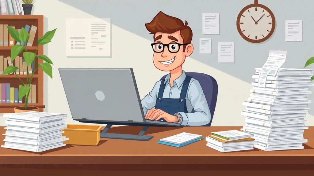 Cartoon male contractor working on laptop at home office desk with stacks of receipts, business expenses, and accounting records organized nearby