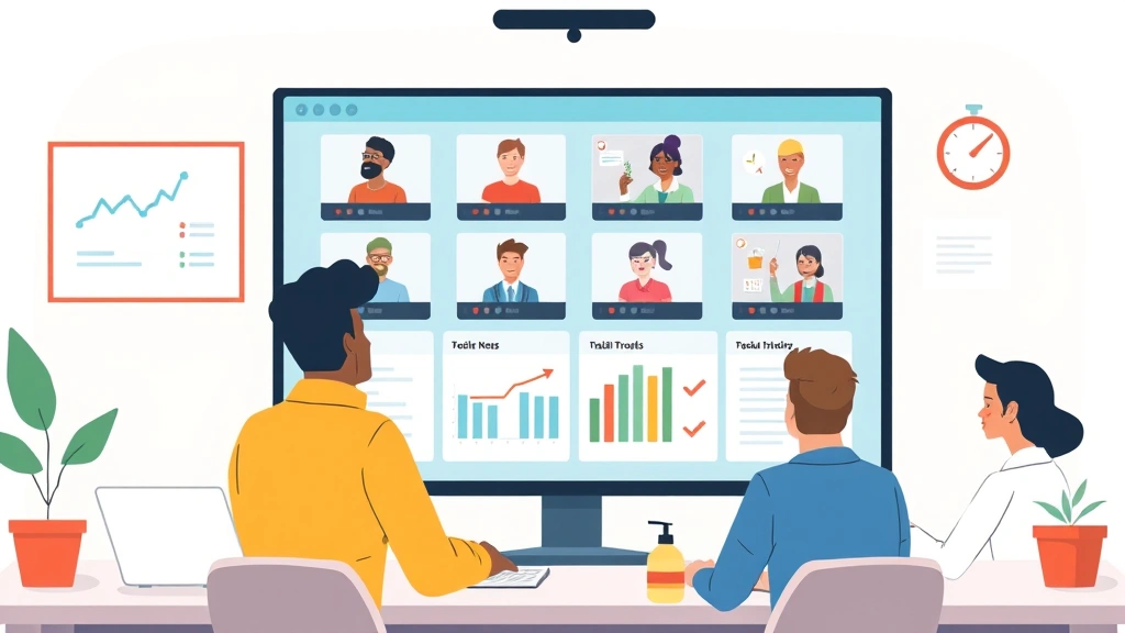 Cartoon diverse group of 1099 contractors collaborating virtually on project management screen with video calls, charts, and checkmarks