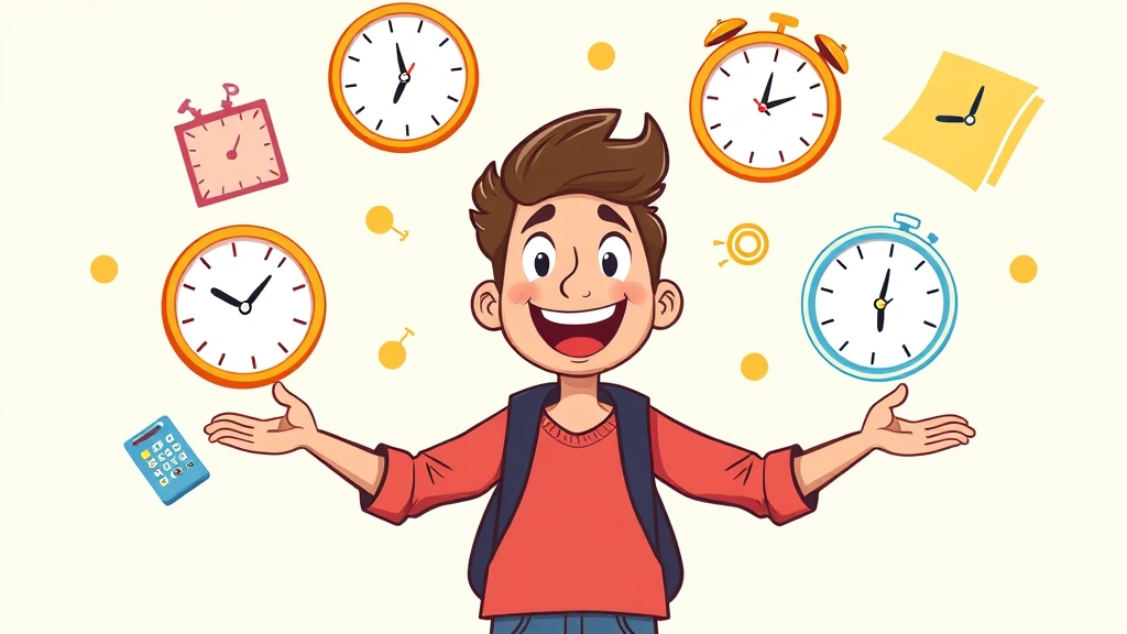 Cartoon freelancer juggling multiple projects and clocks showing different time zones, happy and energetic, representing work flexibility and autonomy, colorful and dynamic