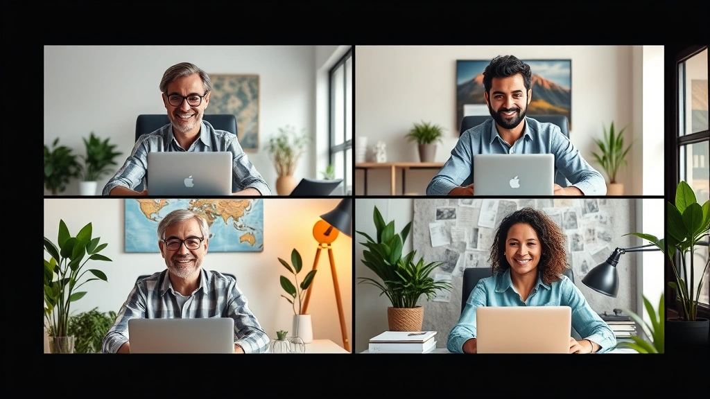 Diverse group of four contractors working remotely from different locations shown in split-screen video call layout, each in their own comfortable workspace with plants and professional backgrounds, warm lighting and collaborative atmosphere