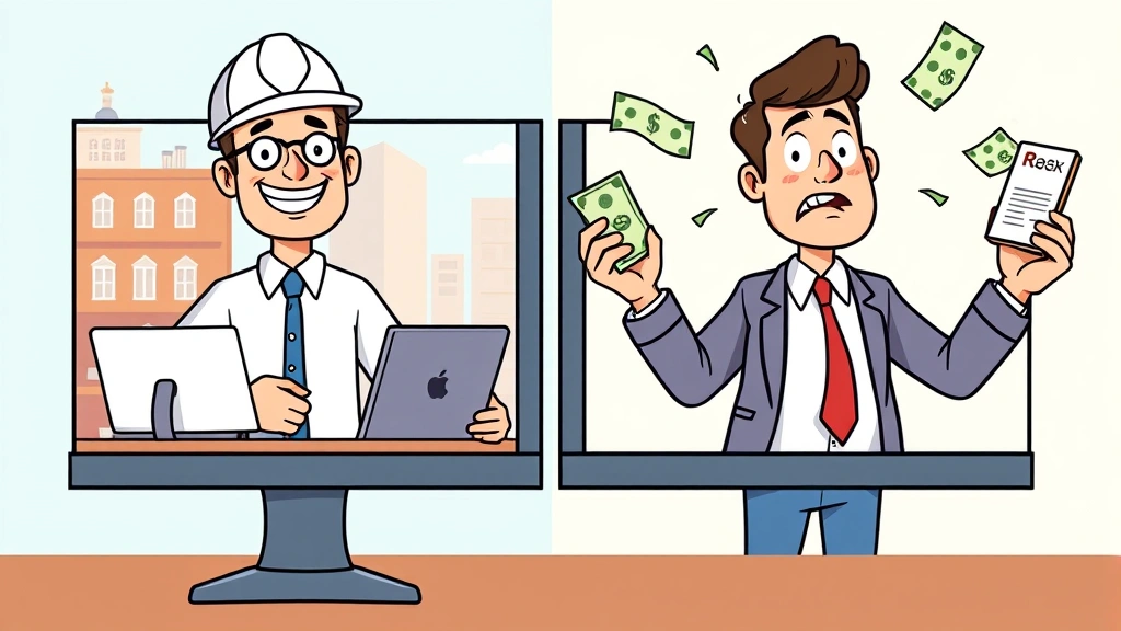 Split-screen illustration: left side shows happy contractor with flexible schedule and multiple clients, right side shows stressed contractor juggling bills and taxes, cartoon style professional