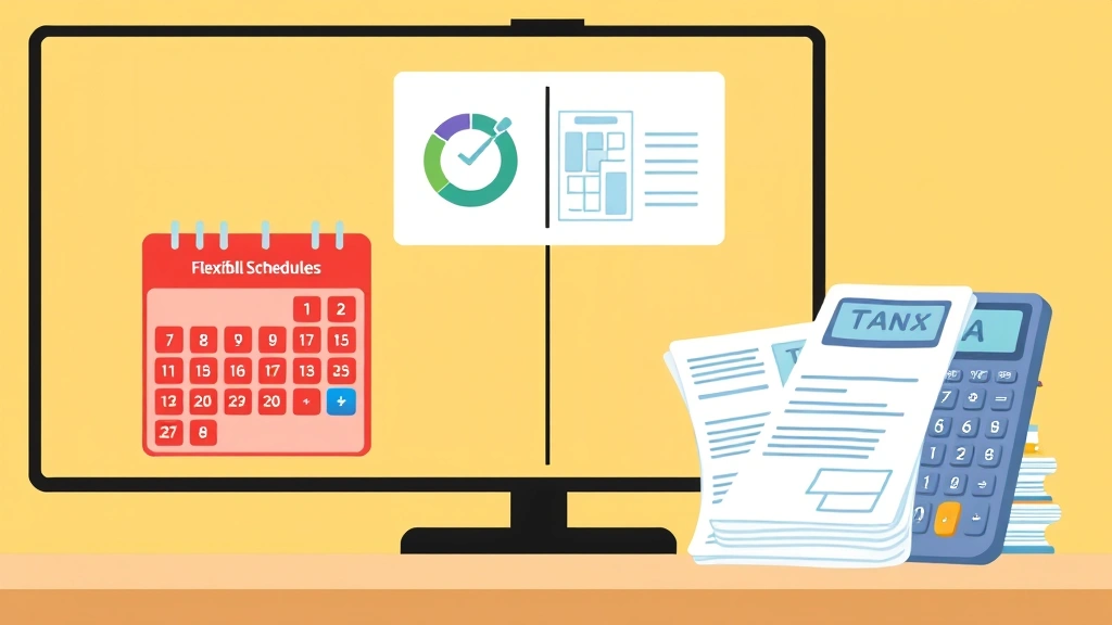 Split screen comparison showing calendar with flexible schedule on left and organized tax documents with calculator on right, cartoon business illustration