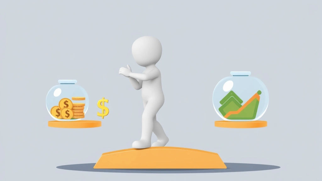 Cartoon figure balancing income stability symbols on a scale with savings jar and investment portfolio on one side