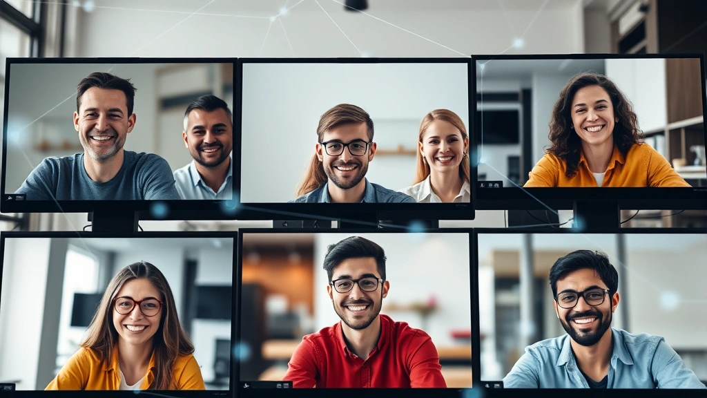 Diverse group of remote contractors collaborating on video call, smiling faces on computer screens, digital connection visualization with network nodes