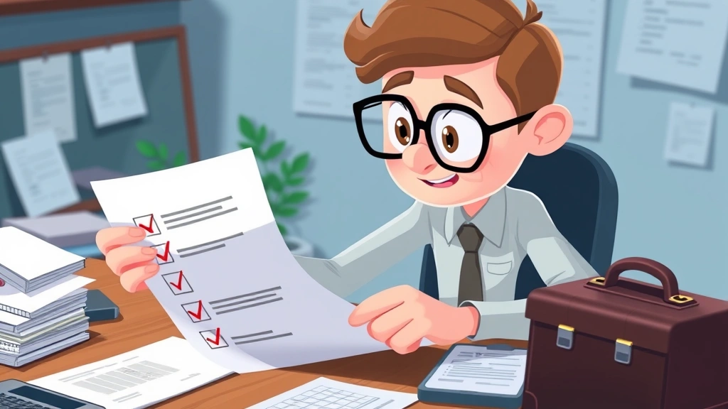Animated character reviewing contract document with magnifying glass, checkmarks appearing, business briefcase nearby, organized desk with calculator and spreadsheet, professional atmosphere